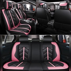 otoez Car Seat Covers Full Set, Leather Pink Seat Covers for Cars 5 Seats, Automotive Front and Rear Seat Protectors Universal Fit Most Cars Sedans SUV Pick-up Truck (Pink, Without Pillows)