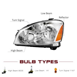 JSBOYAT Headlight Assembly Replacement for 2005 2006 Altima Halogen Headlamp Driver and Passenger Side Bulbs Included Chrome Housing with Amber Reflector