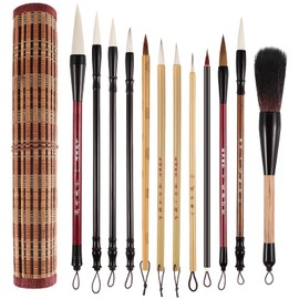 12 Pieces Chinese Calligraphy Brushes Painting Writing Brushes Watercolor Brushes Set Kanji Japanese Sumi Painting Drawing Brushes Kanji Art Brushes with Roll-up Brush Holder
