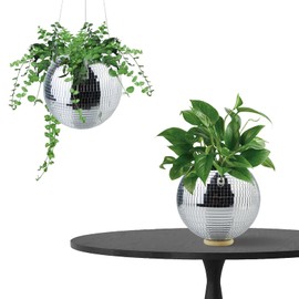 MFGDISCO 6inch Disco Ball Hanging Plant Pots,Silver Mirror Disco Planter with Chain Hook for Indoor Outdoor Decor and Wooden Stand for Desk,Self Watering Insert Pots, Boho Disco Ball Planter Decor