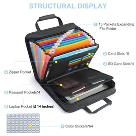MRLUKwin PU Leather Accordion File Organizer with Handle & Strap，12 Pockets Expanding File Folder with Zipper & Labels，Portable Document Organizer File for Letter A4 Files