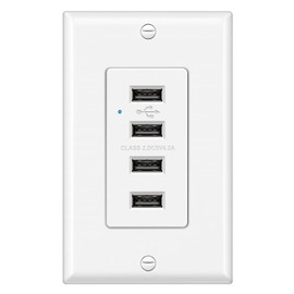 BESTTEN USB Receptacle Outlet, 4.2A/21W High-Speed 4 Port USB Wall Charging Outlet 125VAC Input, Quad Type-A Ports with LED Indicator, Decorator Wallplate Included, UL Listed, White