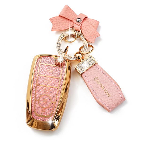 Simocky Key Fob Cover with Diamond Keychain, Compatible with Ford
