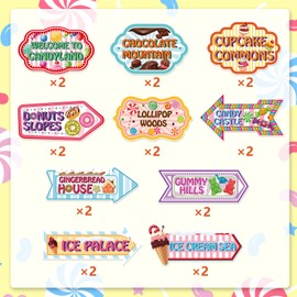 KALEFO Candyland Party Decorations Candy Land Sign Welcome Birthday Decor Directional Street Arrow Signs Sweet Theme Supplies(10 Pcs)