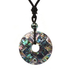 Justinstones Natural Abalone Shell Mosaic Peace Donut Healing Crystal 40mm Circle Coin Shaped Stone Pendant Adjustable Braided Cord Necklace 28 Inch