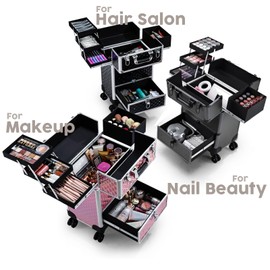 Hododou Rolling Makeup Case Cosmetic Travel Trolley Storage Sliding Drawer 4 Tray Makeup Travel Case with Wheels Salon Barber Case Traveling Cart Trunk for Cosmetologist Nail Tech Hairstylist Grey