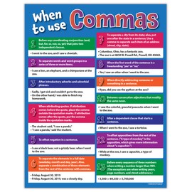 When to Use Commas Posters (2 Pack) - Laminated, 17 x 22 inches - Punctuation Charts - Language Arts / Grammar Posters for Elementary, Middle School, High School - English Classroom Decor