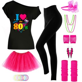 Mprocen 80s Outfit Women Costume Accessories Set, 90s Top T Shirts Hippie Costume 60s 70s Party Favors Decor for Groovy Girls