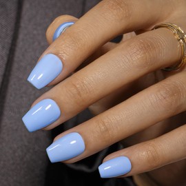 KQueenest Light Blue Press On Nails Short - Acrylic Press On Nails Coffin, Sheer Sky Blue Fake Nails with Glue, Glossy Opaque, Ballerina Reusable Soft Gel Glue on Nails for Women, 30 Pcs