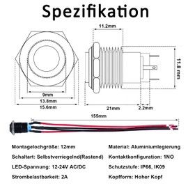 JIQI 2 x 12 mm Locking Pressure Switch 12 V to 24 V 2 A Waterproof Self-Holding Black Push Button Switch Made of Metal LED Illuminated Latch On/Off Switch with IP66 1NO for Motorcycle (High Head,