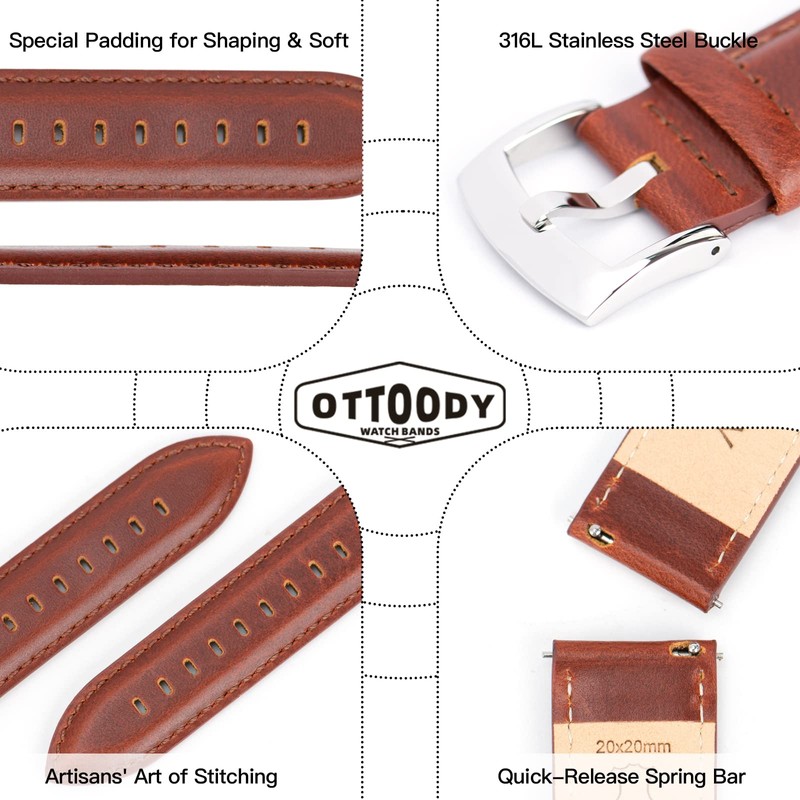 Ottoody Genuine Leather Replacement Watch Band, 0.71, 0.75, 0.79, 0.83,