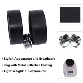 KINGOU Handlebar Tape Luxury PU Leather Bar Tape Fixed Gear/Road Bike Bar Wrap with 2 Reflective Plug (Black)