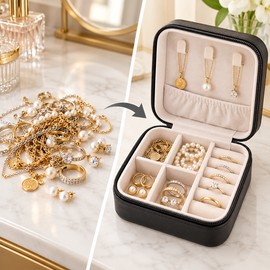Travel Jewelry Organizer for Rings & Necklaces – Compact Leather Zipper Storage Case for Home, Trips & Daily Carry