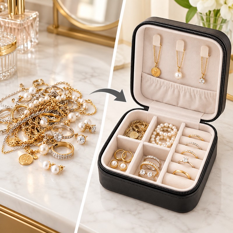 Travel Jewelry Organizer for Rings & Necklaces – Compact Leather