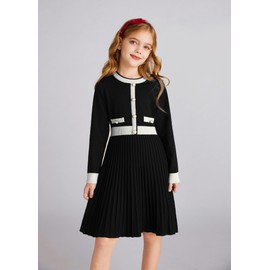 GRACE KARIN Girls Sweater Fall Dress Long Sleeve Knit A Line Contrast Casual Winter Dresses Black Size 7-8