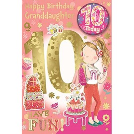 Granddaughter 10th Birthday Card & Badge - 10 Today Girl in Headphones 9" x 6"