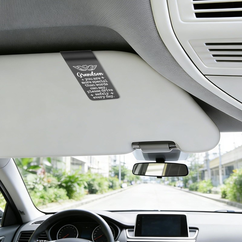 Grandson Drive Safe Car Visor Clip, Stainless Steel Laser Engraved
