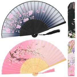OMyTea Folding Hand Fans for Women - Chinese Japanese Vintage Bamboo Silk Fans - for Hot Flash, EDM, Music Festival, Party, Dance, Performance, Decoration, Wedding, Gift (Gray & Pink Sakura)