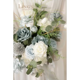 Ling's Moment Fake Flowers Box, Faux Artificial Plants Stems Foam Roses Silk Greenery for Wedding Decor Centerpieces Table Decorations Floral Arrangements, Dusty Blue & White, Grand Combo