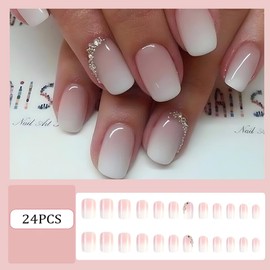 Medium Press on Nails Square Fake Nails RUPOFUZA Acrylic False Nails with Rhinestone Press ons Designs Ombre White Nails Press ons Artificial Nails Stick on Nails for Women 24Pcs