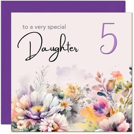 5th Daughter Birthday Card - Purple Floral Daughter's Birthday Card for 5 Year old Kids five, fifth