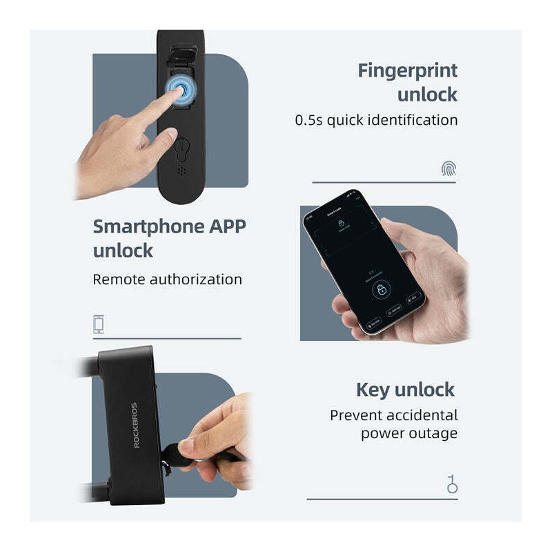 ROCKBROS Smart Bike U Lock with Fingerprint and App Control