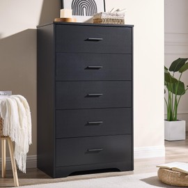 LIDYUK Dresser for Bedroom, Wood Dresser with 5 Drawers, Modern Minimalist Dressers & Chests of Drawers, 47 Inches Tall Chest of Drawers for Bedroom, Hallway, Living Room, Black