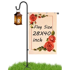 LOPANNY Large Garden Flag Holder Stand Pole for 28 x 40 Flags with Shepherds Hooks for Outdoor - Upgraded Sturdy 60 Inches Yard Flag Post Stake Perfect for Outdoor Decor(Without Solar Lights & Flag)
