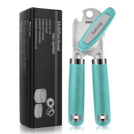 Safring Can Opener Manual, Heavy Duty Handheld Strong Can Opener with Soft Touch Handle, Sharp Blade Smooth Edge, Can Openers with Multifunctional Bottle Opener, Aqua Sky