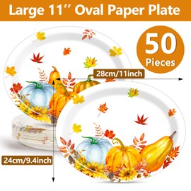50PCS Fall Oval Paper Plates Large 11” Disposable Autumn Party Decorations Thanksgiving Supplies Favor for Pumpkins Theme Party Platters Maple Leaf Heavy Duty Dish Gathering Dinner Party Tableware Set