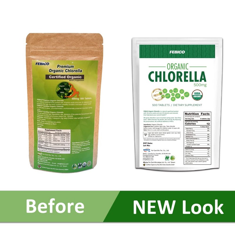 FEBICO Chlorella Tablets 500mg, 500ct, 83 Days - USDA Organic,