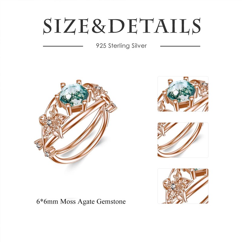 Plesitep 1Ct Natural Moss Agate Ring 18K Gold Plated Sterling