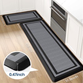 KitchenClouds [2 PCS] Kitchen Rugs Cushioned Anti-Fatigue Kitchen Mats for Floor Waterproof Kitchen Rug Set Non-Slip Comfort Standing Mat for Office, Sink, Laundry 17.3"x28"+17.3"x60", Black
