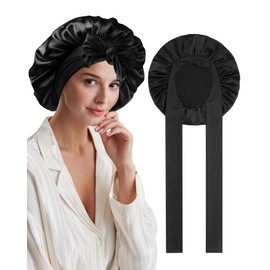 AWAYTR Mulberry Silk Bonnet for Sleeping - Silk Sleep Bonnet With Tie Band for Curly Hair Men and Women (Black)