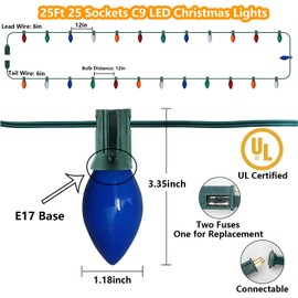 25Ft LED Christmas Lights Outdoor, C9 Vintage Christmas Lights with 25 LED Multicolor Plastic Bulbs, Hanging Christmas String Lights for Indoor Outdoor Party Patio Wedding Xmas Tree Christams Decor