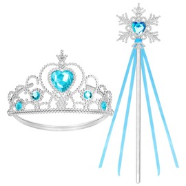 Cocojeci Tiara for Little Girls Princess Crown, Princess Dress Up Tiara and Wand Birthday Crown for Girls 3-6 Kids Play Jewelry (Snow Blue Wand, 2)