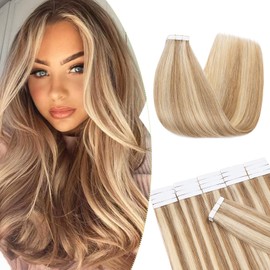 S-noilite Tape in Hair Extensions Human Hair Double Side Invisible Golden Brown& Bleach Blonde Real Tape Hair Extensions Seamless Skin Weft Natural Straight 20pcs 50g Set,2.5g/pcs(16",#12P613)
