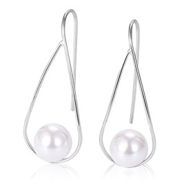 Pearl Earrings for Women 925 Sterling Silver Pearl Drop Dangle Hook Earring Jewelry with Beautiful Box Christmas Gift for Her (White)