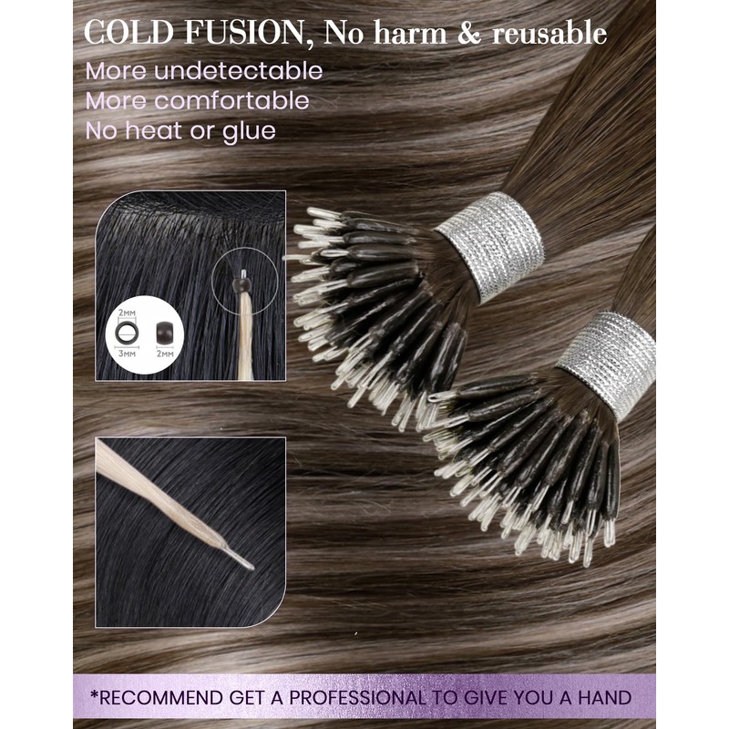 LaaVoo Nano Hair Extensions Human Hair Brown Fading to Ash