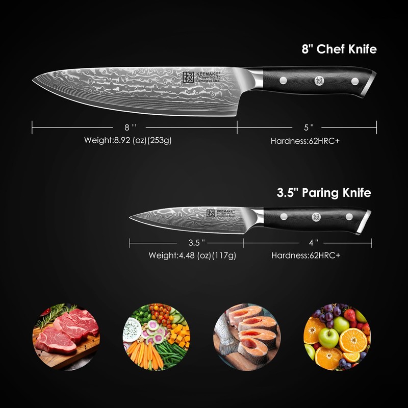 KEEMAKE Damascus Kitchen Knife Set, 2PCS Ultra Sharp 67-Layer Damascus