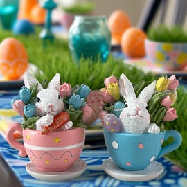 Hodao Easter Bunny Decorations Spring Easter Egg/Cup Bunny Indoor Home Decor Farmhouse Country Style Flowers Bunny Figurines (2pcs Teacup Rabbit Color 1)