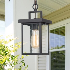 LALUZ Outdoor Pendant Light Fixture, Exterior Hanging Lantern, 1-Light Outdoor Chandelier Lamp in Black Finish with Seeded Glass, Outdoor Ceiling Lantern for Porch, Patio, Gazebo, Hallway, Entryway