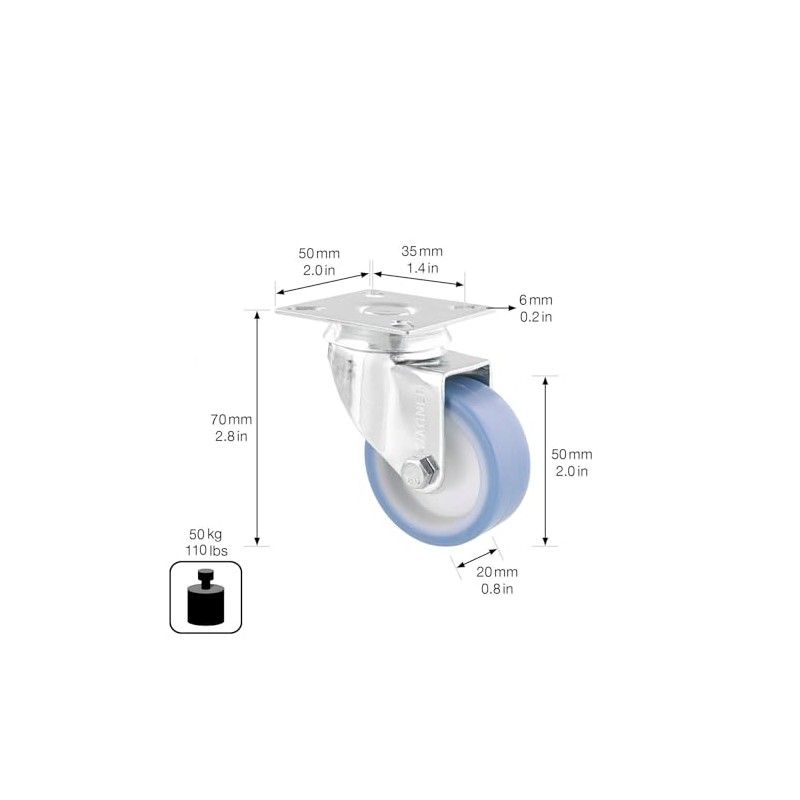 WAGNER Eco 03155001 Soft Swivel Castor Diameter 50 mm, Height