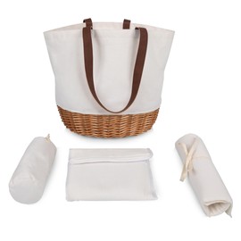 PICNIC TIME Promenade Picnic Basket for 2, Canvas and Willow Picnic Set - Includes Utensil Set, Glasses, and Plates, (Beige Canvas)