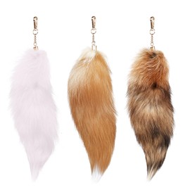 Bonlting 3 Pcs Supper Huge and Fluffy Real Fox Fur Tail Keychain Faux Fur Tail Pendant Handbag Accessories Hook Tassels, White,brown,gold, 15.75 inch