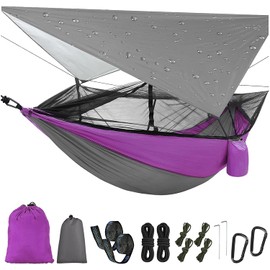 Camping Hammock with Mosquito Net & Rain Fly Tent Tarp & Tree Straps Portable Strong Nylon Hammock Tent w/Storage Bag for Camping Hiking Backyard Outdoor Backpacking Travel (Purple)