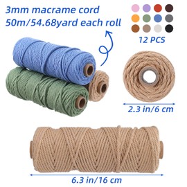12 Rolls Macrame Cord 4 Strand 3 MM x 660 Yards Natural Cotton Rope Bulk Colored Cotton Craft Cord DIY Twine Colorful Macrame String for Knitting Gift Wrapping Wall Hanging Plant Hanger