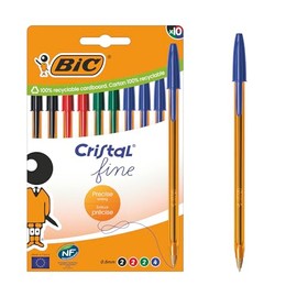 BIC Cristal Original Fine 0.8mm Fine Point Ballpoint Pen with Transparent Orange Body - Assorted Ink Colours - Box of 10