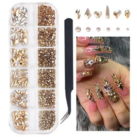 CharmeFleur 1 Box Champagne Gold Nail Art Rhinestones Multiple Shapes 3D Flat Back Bedazzling Crystals Non Hotfix Nail Gemstones with Pliers Gripper Pen for Manicure