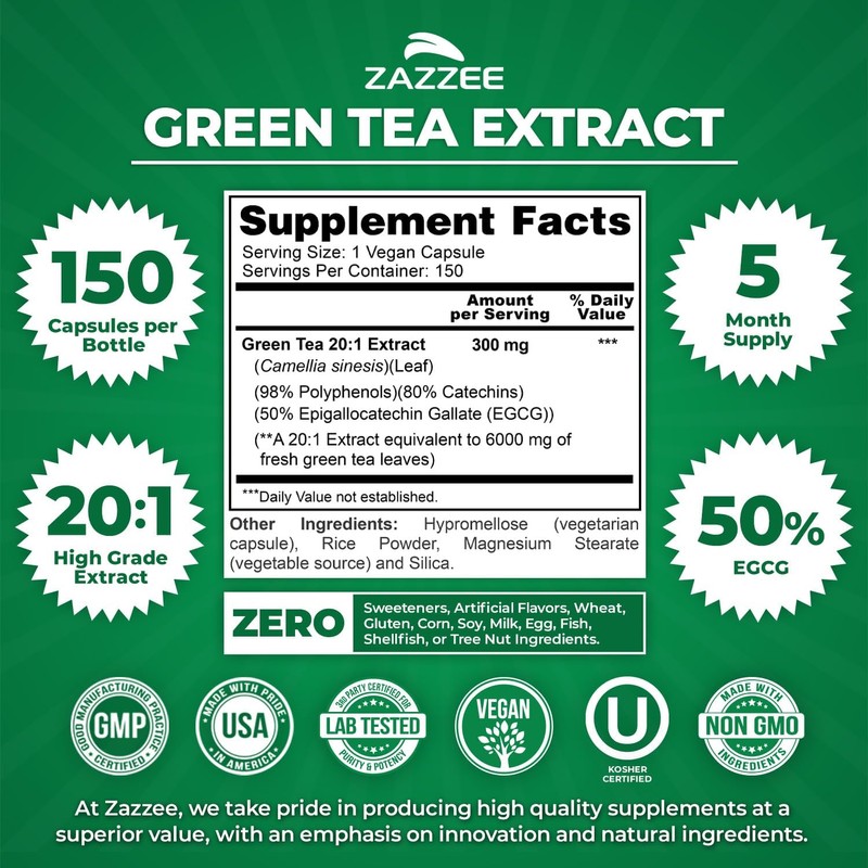 Zazzee Extra Strength Green Tea 20:1 Extract, 50% EGCG, 98%
